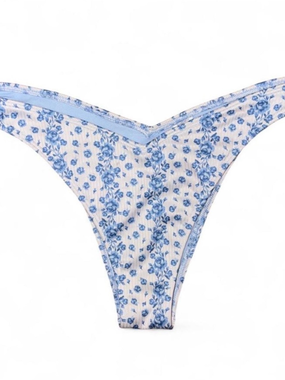 Hollister White and Blue Floral Ribbed Bikini Bottom